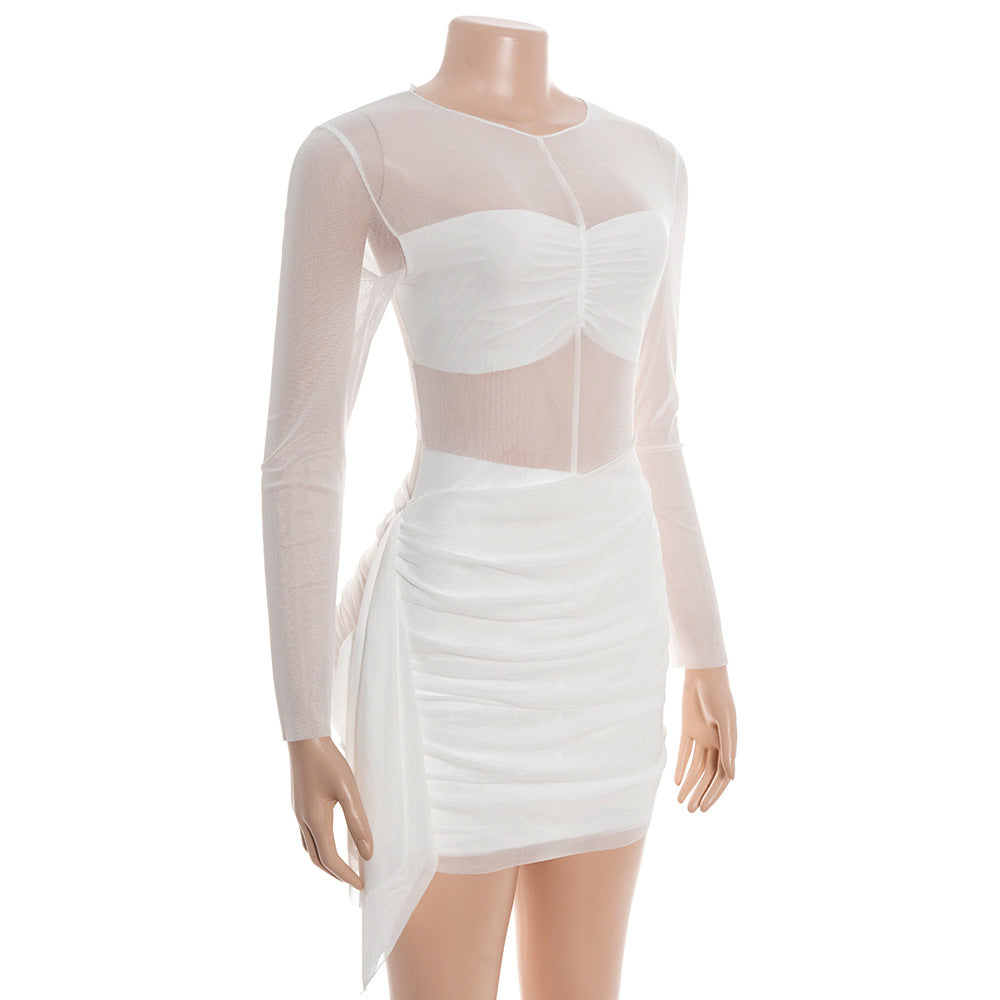 MB1316 Sheer Mesh Long Sleeve Ruched Mini Party Dress for Women