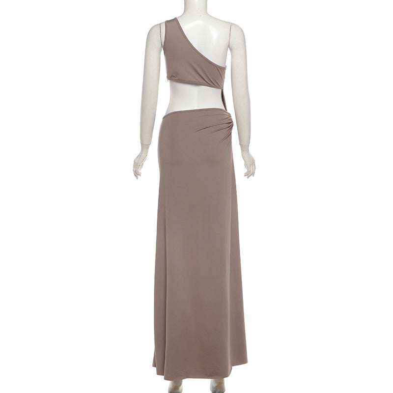 MB1157 Taupe One Shoulder Cutout Maxi Dress