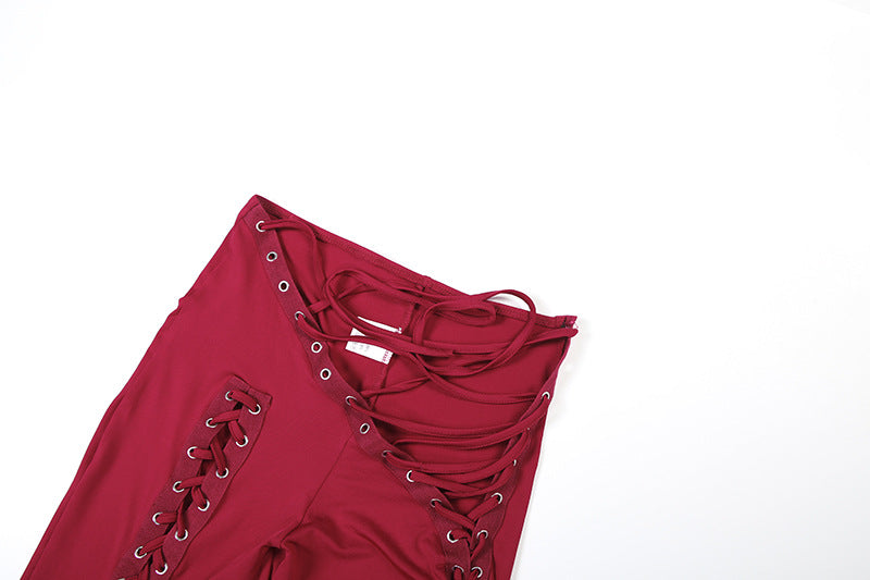 MB1807 Women's Nude Halter Bandeau Crop Top & Waist-Leg Lace-Up High-Waist Leggings Two-Piece Outfit