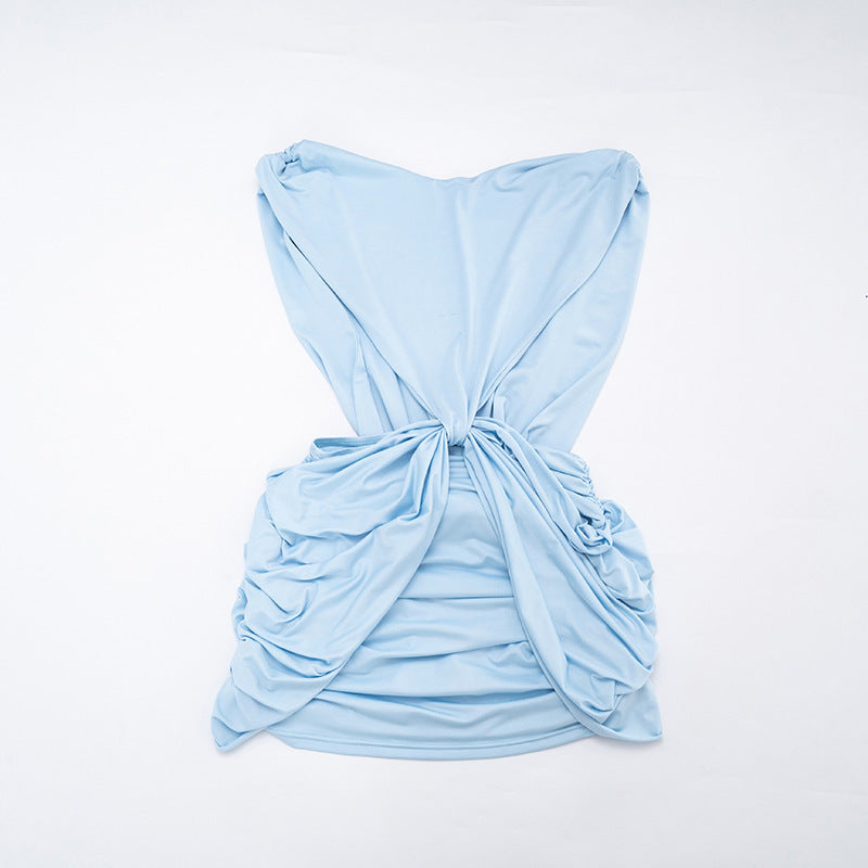 MB1462 Deep‑V Halter Draped Knot‑Front Backless Ruched Bodycon Mini Dress