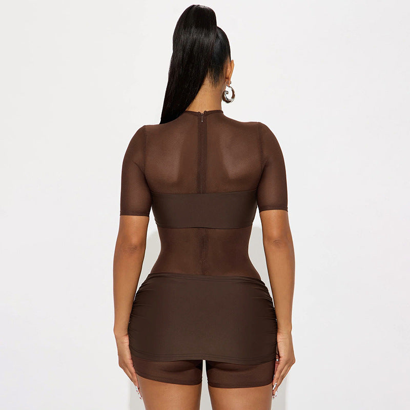 MB10157 Women's Mesh See Through Bodysuit - Two Layered Sexy Bodycon Matching