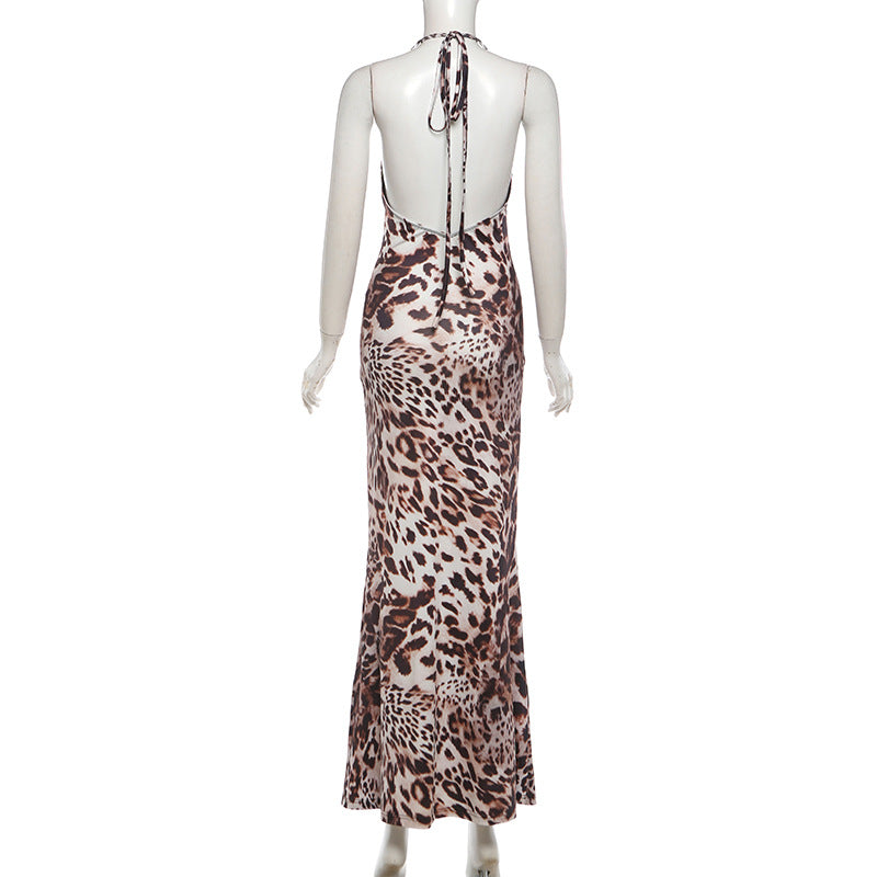 MB1166 Leopard Print Halter Maxi Dress | Chain Strap Backless Bodycon Gown
