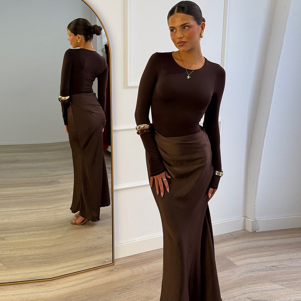 MB1314 Long Sleeve Round Neck Ruched Maxi Dress for Women