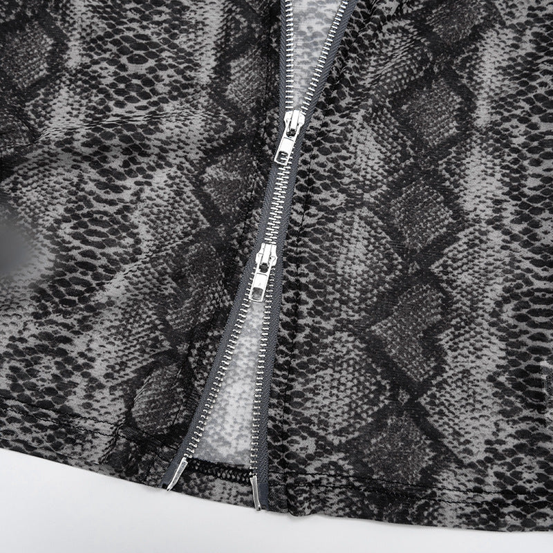 MB10109 Snake Print Mesh 2-Piece Set - Long Sleeve Top & Flared Pants