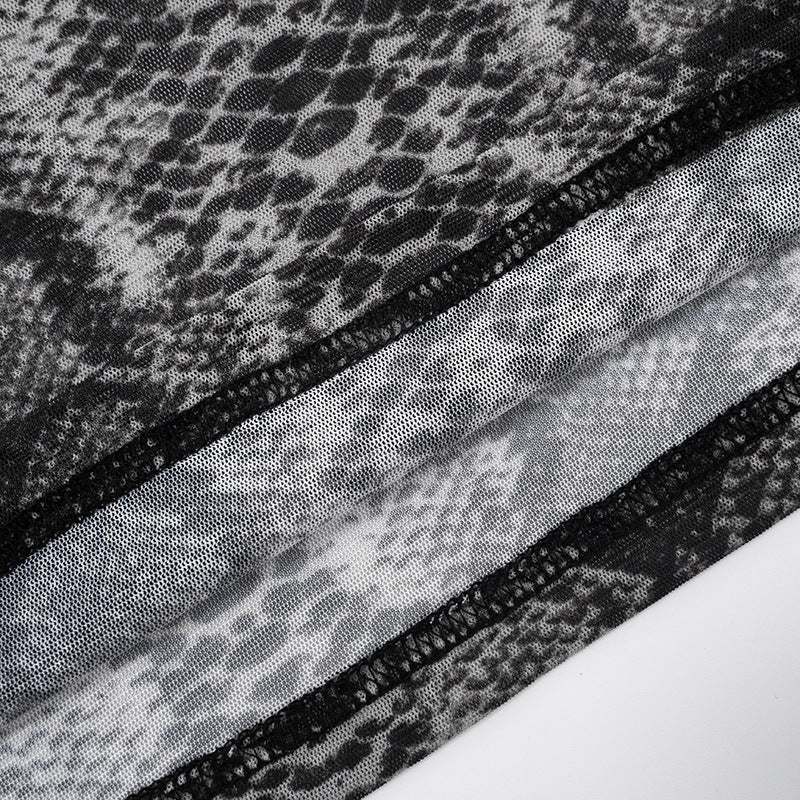 MB10109 Snake Print Mesh 2-Piece Set - Long Sleeve Top & Flared Pants