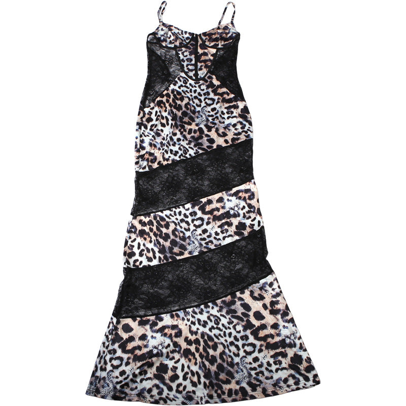 MB1832 Women's Leopard Print Lace Insert Spaghetti Strap Maxi Dress