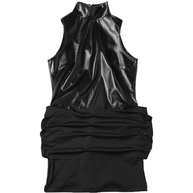 MB1164 Women's Black Faux Leather Sleeveless Mini Dress