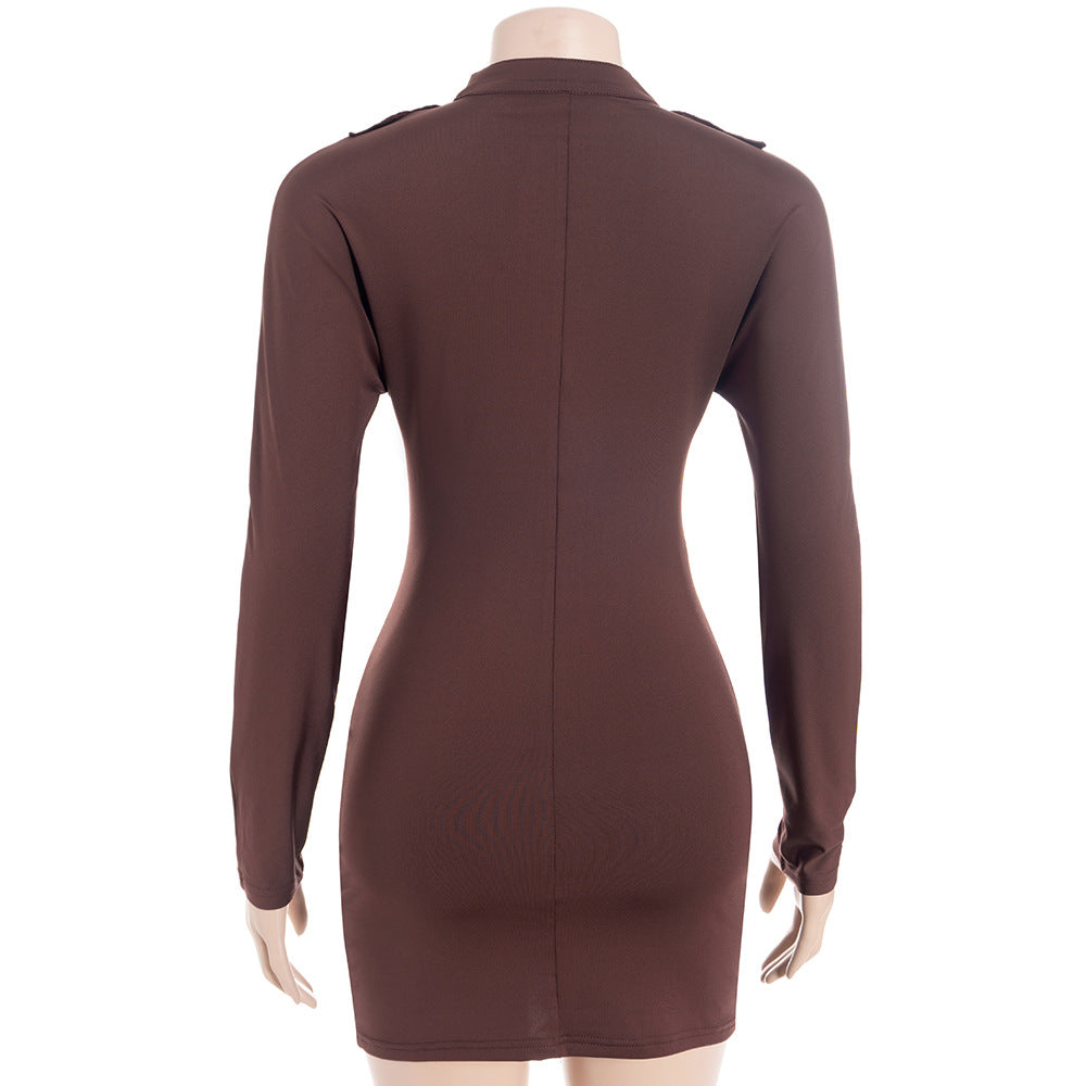 MB1312 Chocolate Brown V-Neck Ruffle Bodycon Mini Dress