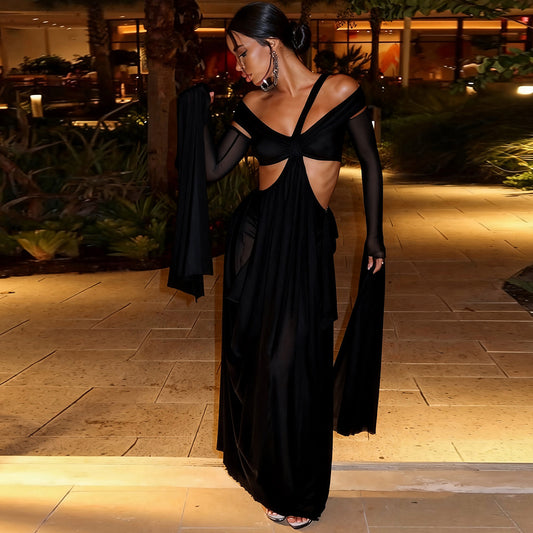 MB1819 Women's Black Off-Shoulder Cross Front Cutout Maxi Dress