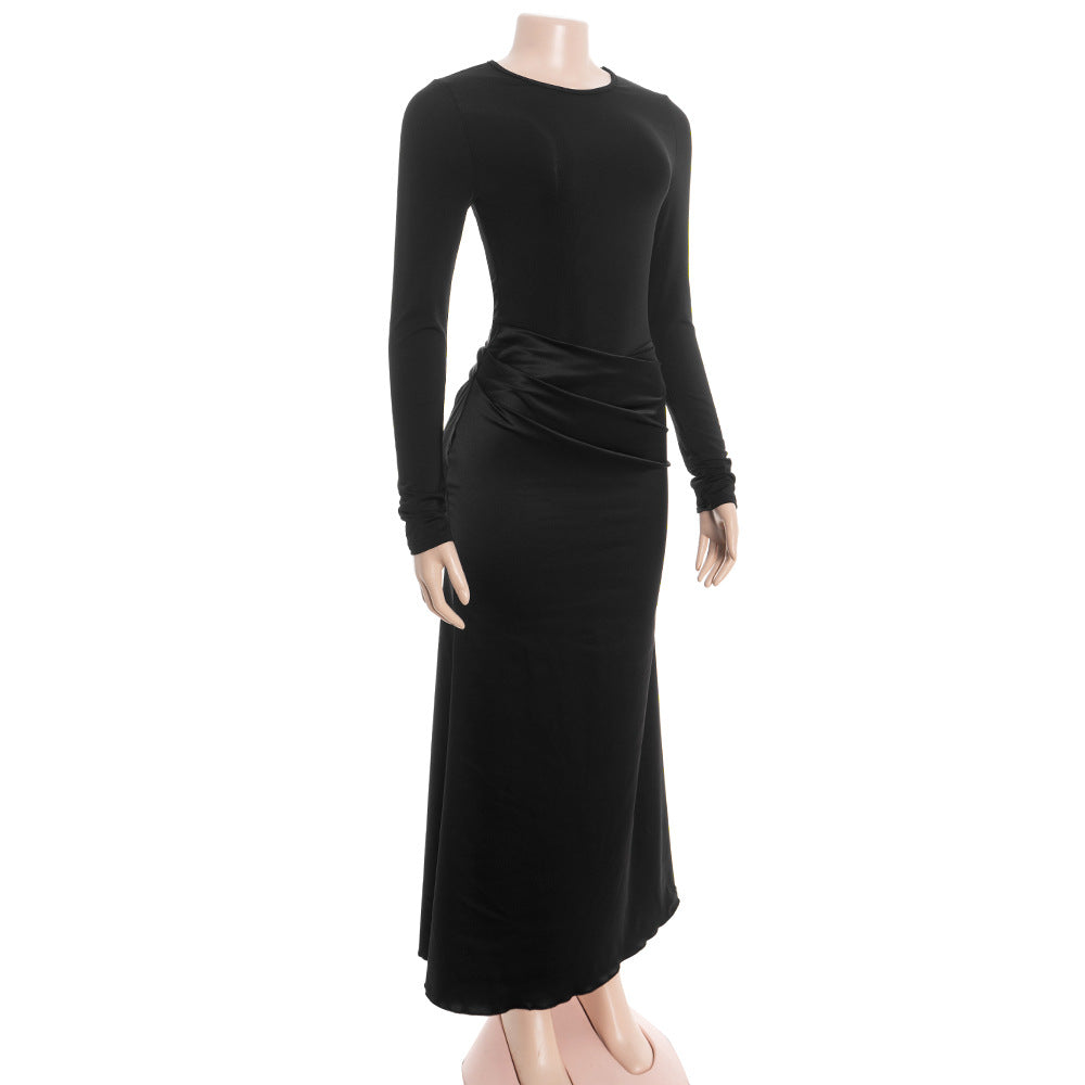 MB1314 Long Sleeve Round Neck Ruched Maxi Dress for Women