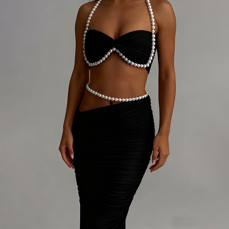 MB1128 Pearl Accent Crop Top & Ruched Bodycon Maxi Skirt Two Piece Set
