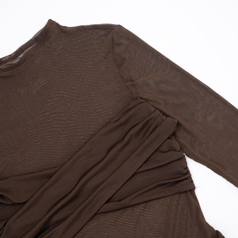 MB1409 Mock Neck Sheer Mesh Ruched Mini Dress for Women