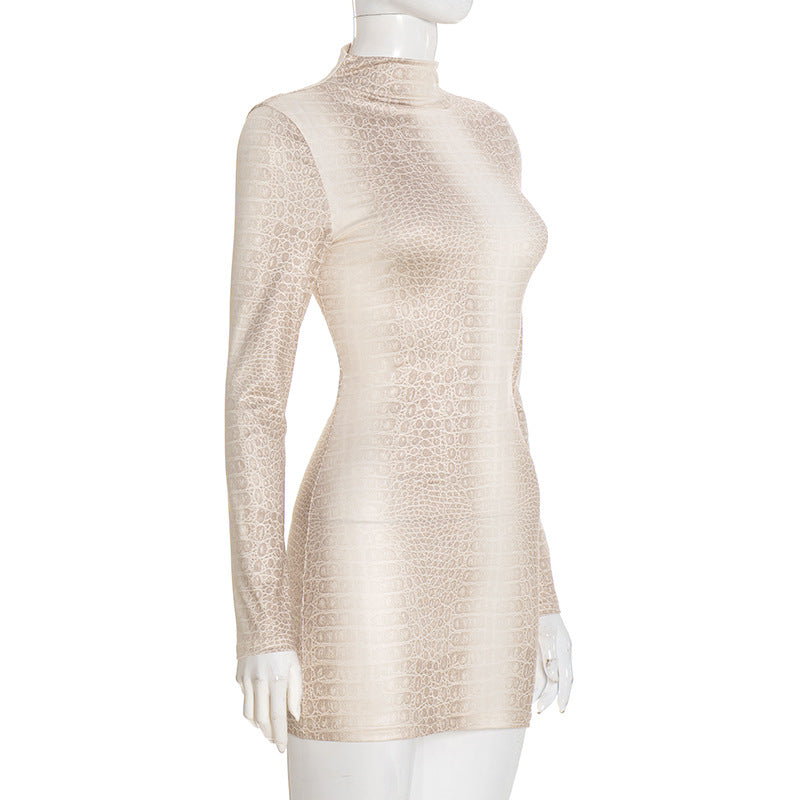 MB10128 Women's Snake Print Mock Neck Long Sleeve Mini Dress