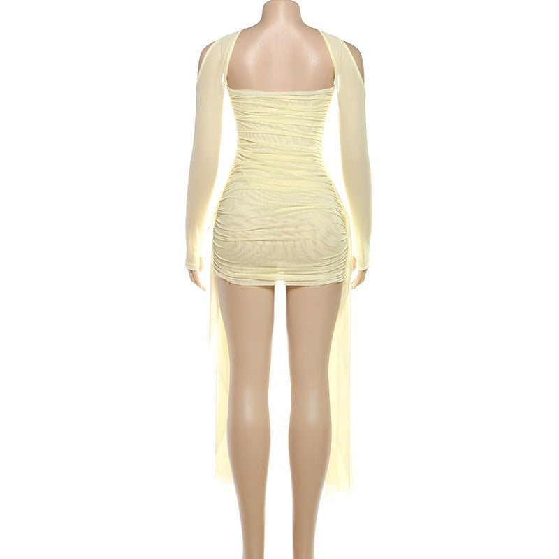 MB1808 Women's Ruched Tulle Sleeve Mini Dress