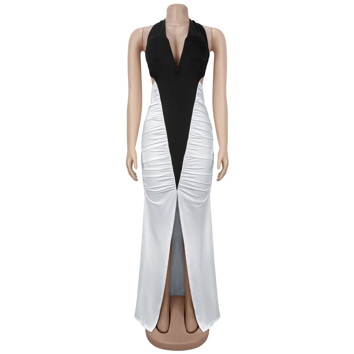 MB1601 Black & White Halter Plunging V Maxi Dress