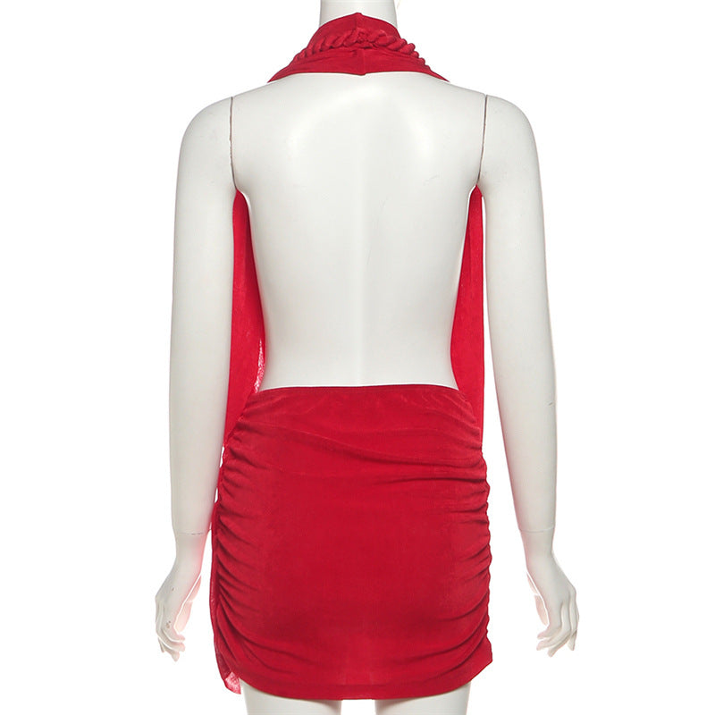 MB1116 Halter Deep V Backless Mini Dress