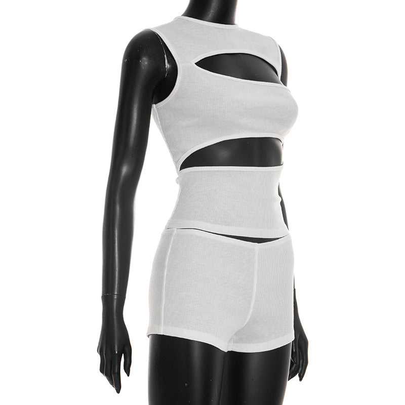 MB10165 Ribbed Cutout Sleeveless Crop Top & Mini Shorts 2 Piece Outfit | Women Solid Color Matching Loungewear Set