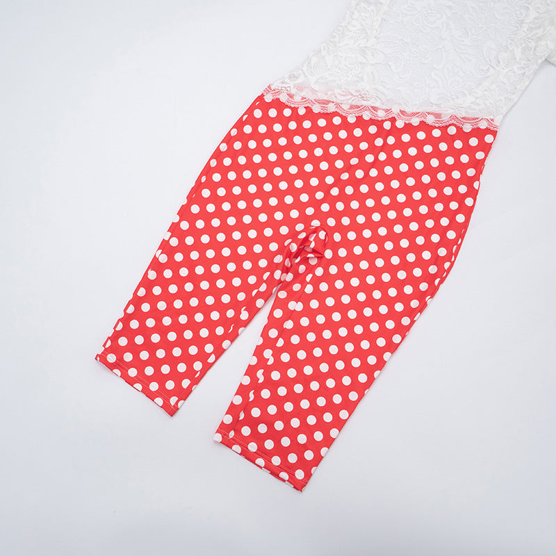 MB10119 White Lace Open Back Jumpsuit - Red Polka Dot Legs Party Romper
