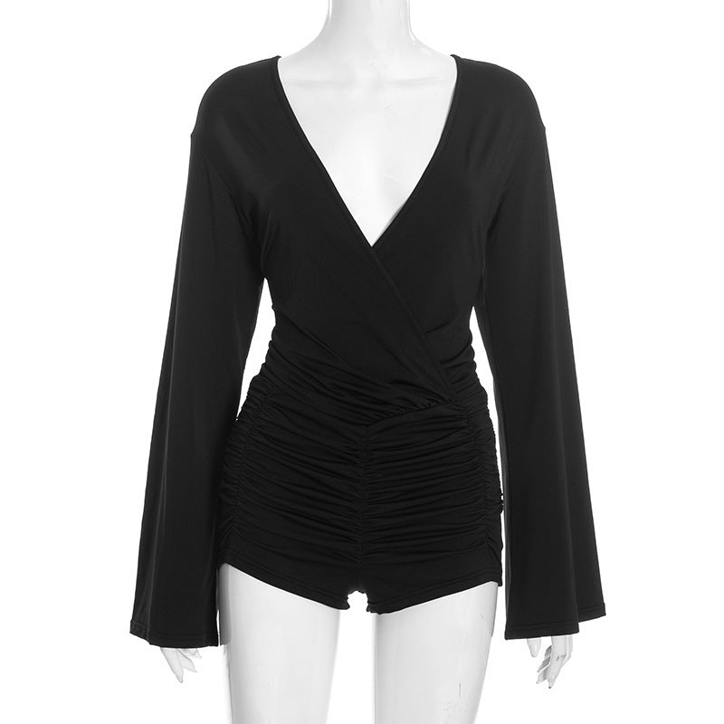 MB1451 Black Plunge V Neck Ruched Romper