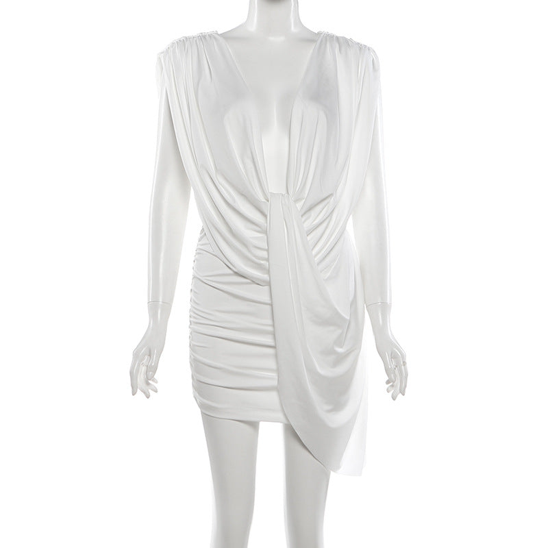 MB1151 Women’s White Deep V-Neck Ruched Mini Dress