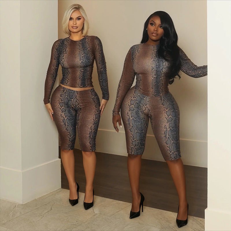 MB10144 Women’s Snake Print Crop Top & Biker Shorts 2-Piece Set