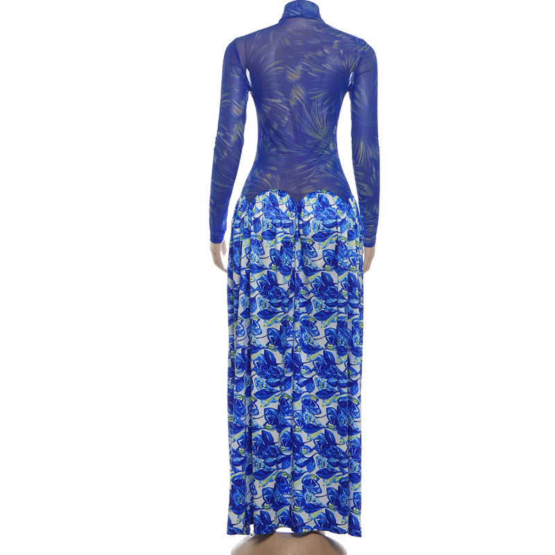 MB1814 Women's Blue Floral Milk Silk A-Line Maxi Dress