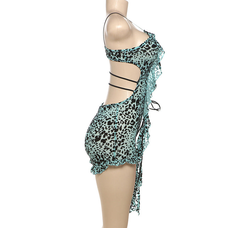 MB1502 Leopard Print Lace-Up Sheer Romper