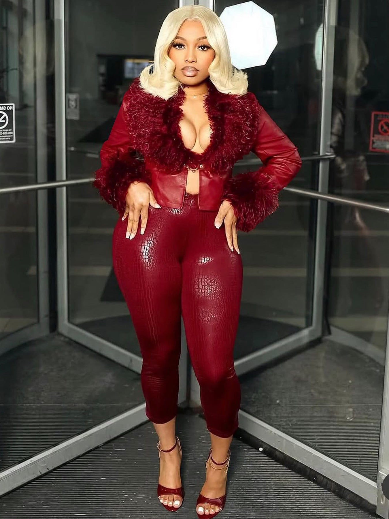 MB1707 Feather Collar & Cuff Trim Cropped Leather Zipper Jacket for Women