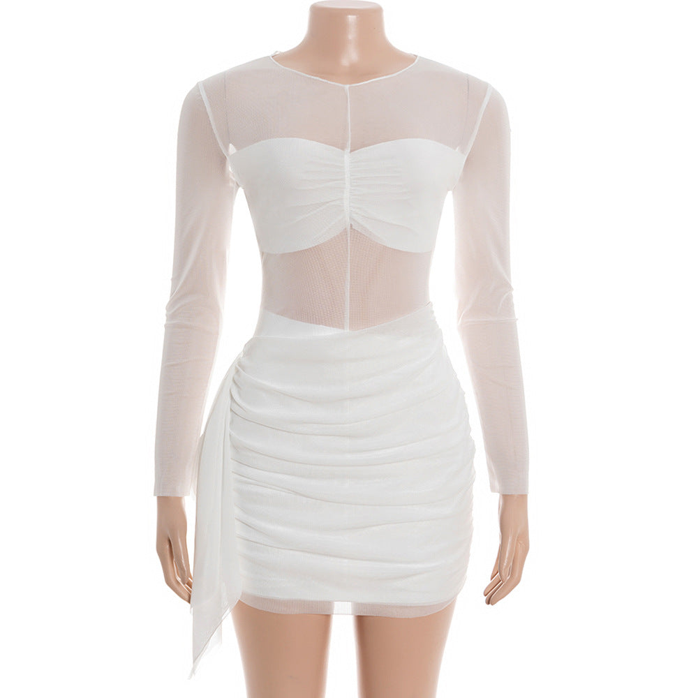 MB1316 Sheer Mesh Long Sleeve Ruched Mini Party Dress for Women