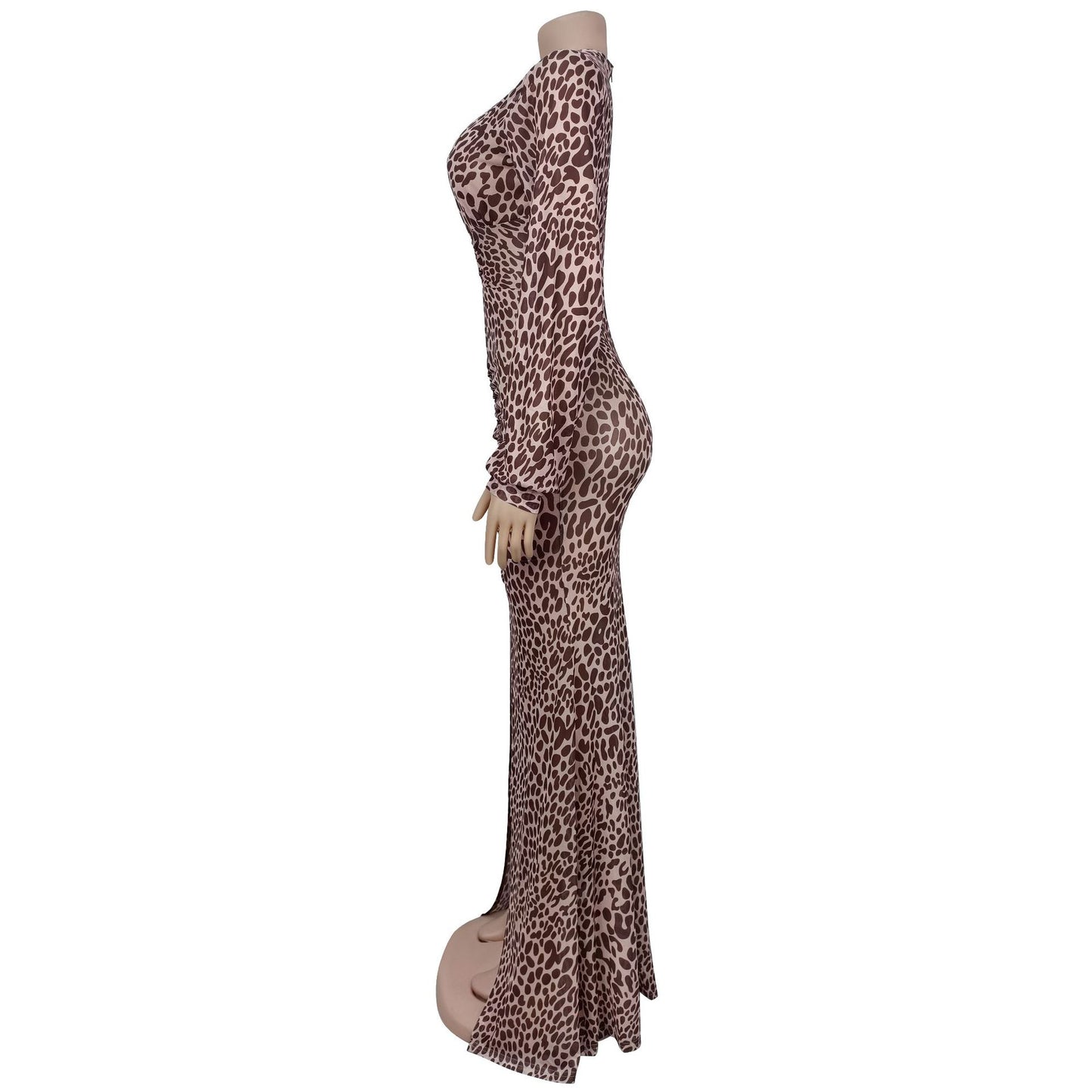 MB1602 Leopard Print Plunging V Side Slit Maxi Dress