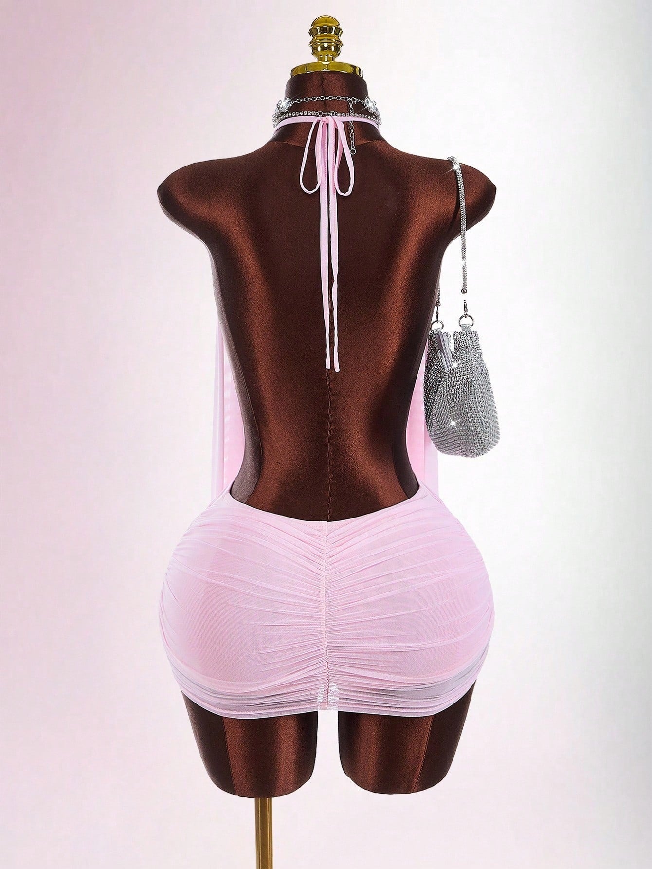  MB2005 Pink Halter Backless Ruched Mesh Mini Dress - Sexy Sheer Party Dress for Women 