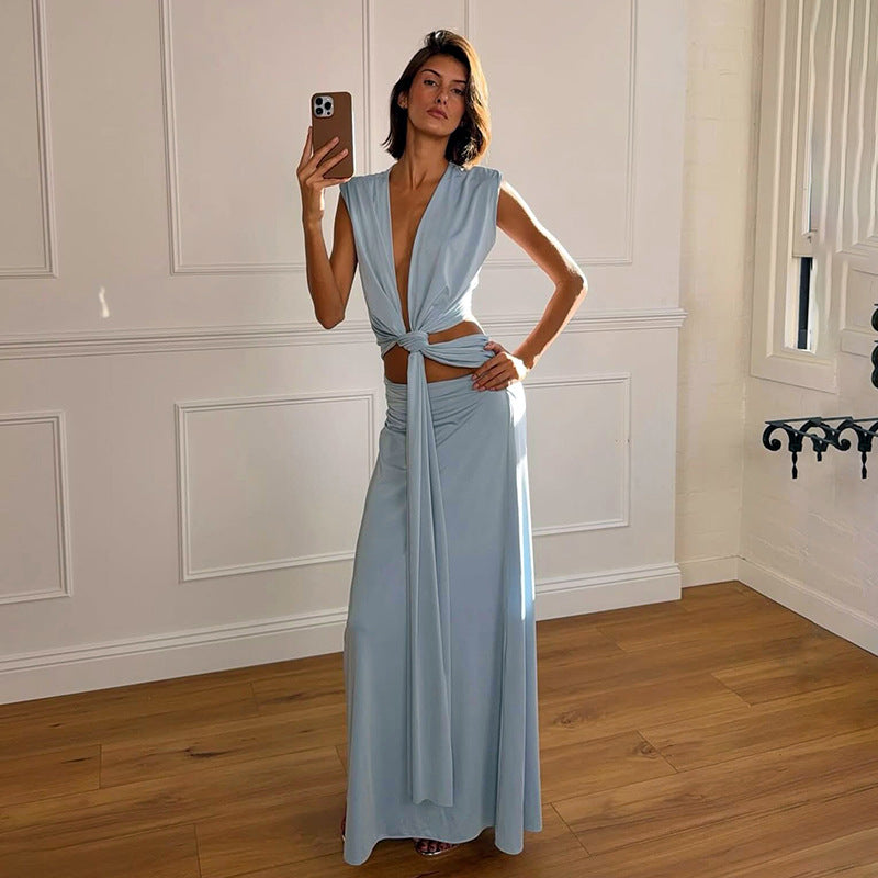 MB1520 Light Blue Twist Front Cutout Maxi Dress