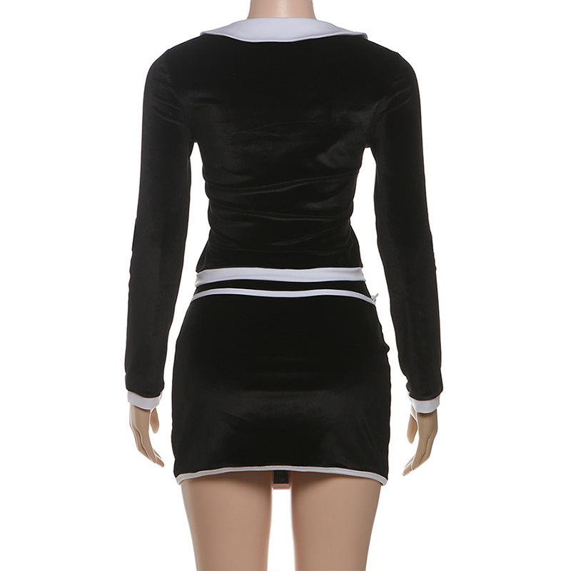 MB1140 Black Velvet Sailor Collar Two Piece Set - Crop Top & Mini Skirt