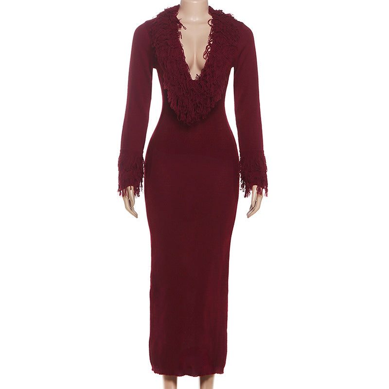 MB1806 Women's Burgundy Deep V Fringe Trim Ribbed Knit Midi Dress