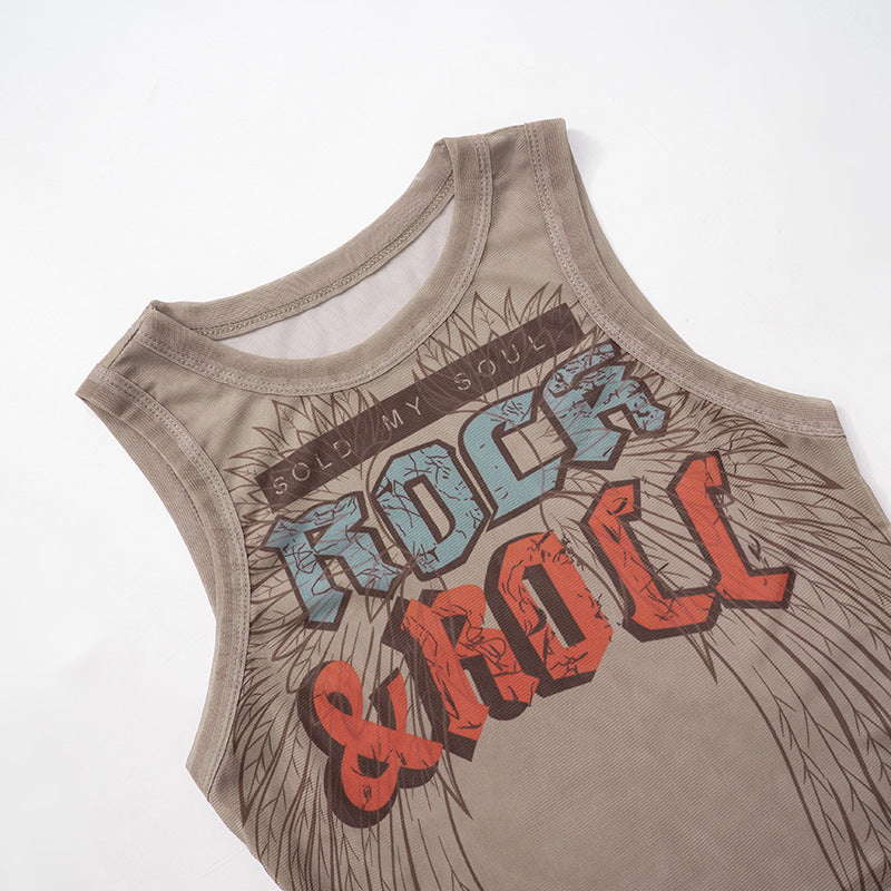 MB1026 Mesh Crop Top with Rock and Roll Print