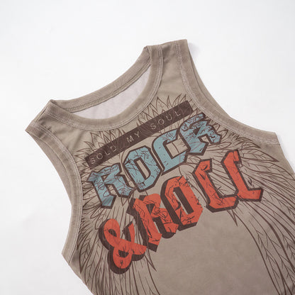 MB1026 Mesh Crop Top with Rock and Roll Print
