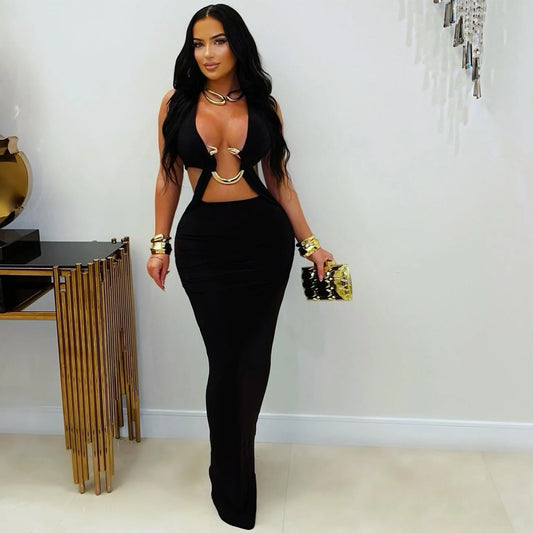MB1620 Halter Neck Gold Ring Cutout Bodycon Maxi Dress