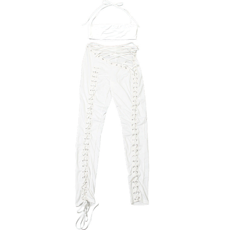 MB1807 Women's Nude Halter Bandeau Crop Top & Waist-Leg Lace-Up High-Waist Leggings Two-Piece Outfit