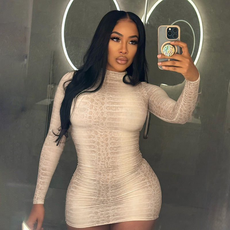 MB10128 Women's Snake Print Mock Neck Long Sleeve Mini Dress