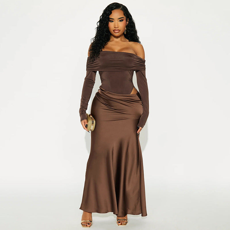 MB1416 Off-the-Shoulder Long Sleeve Satin Side Slit Maxi Dress