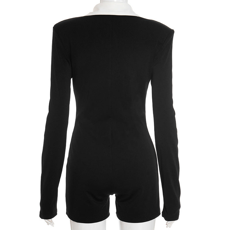 MB10132 Women's Black & White Contrast Collar Button Front Bodycon Romper