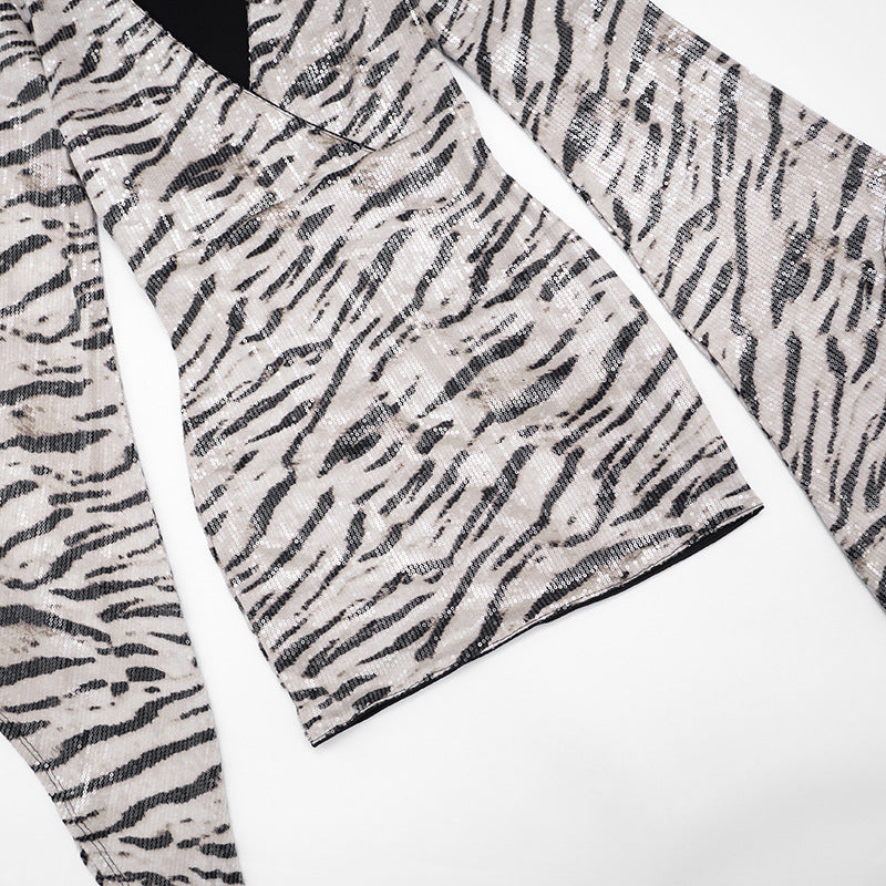 MB1427 Snake Print Sequin Mini Dress with Flared Bell Sleeves