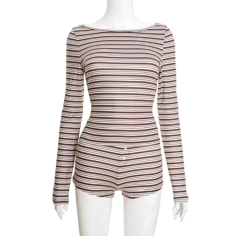 MB1428 Striped 2-Piece Set: Long Sleeve Top + High-Waisted Shorts