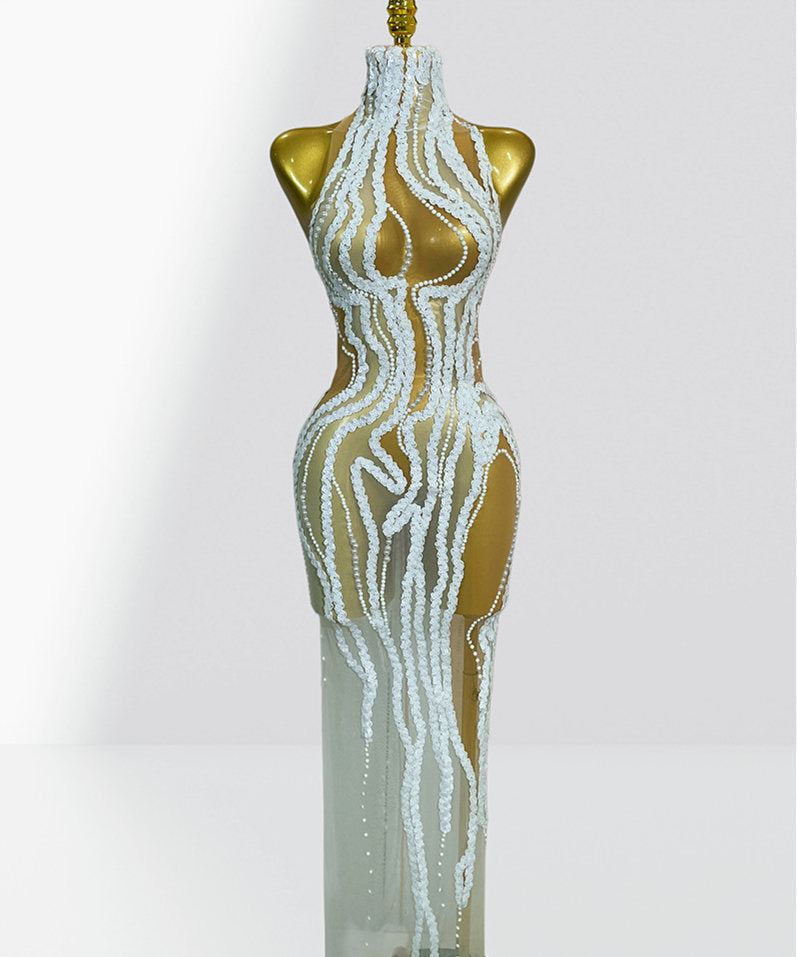MB2105 White Sequin Mesh Maxi Dress, High Neck Sheer Bodycon Party Gown