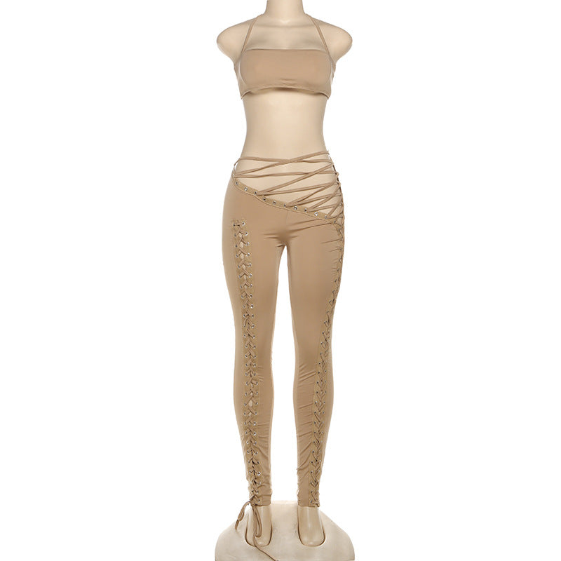 MB1807 Women's Nude Halter Bandeau Crop Top & Waist-Leg Lace-Up High-Waist Leggings Two-Piece Outfit