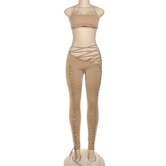 MB1807 Women's Nude Halter Bandeau Crop Top & Waist-Leg Lace-Up High-Waist Leggings Two-Piece Outfit