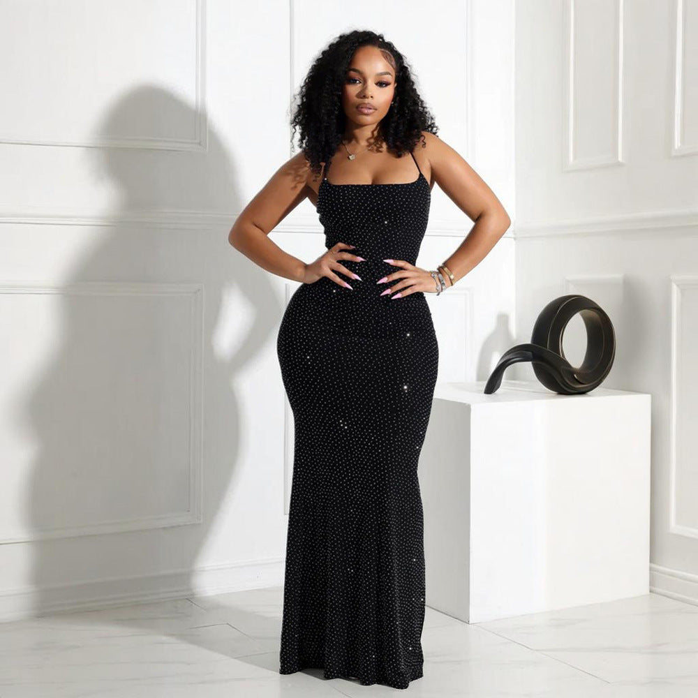 MB1225 Rhinestone Spaghetti Strap Bodycon Maxi Dress