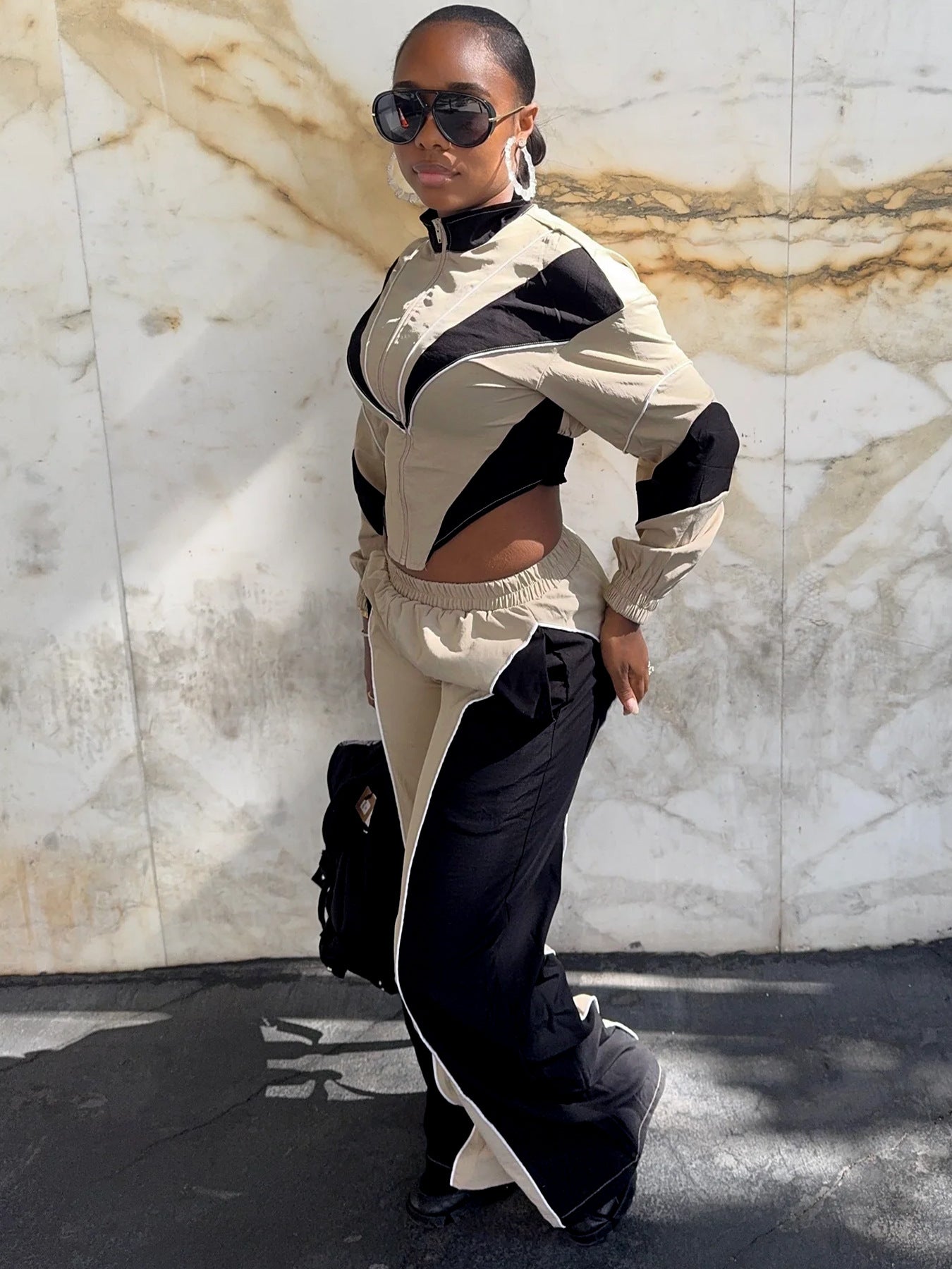 MB1705 Color Block Crop Jacket & Wide Leg Pants Two-Piece Set for Women