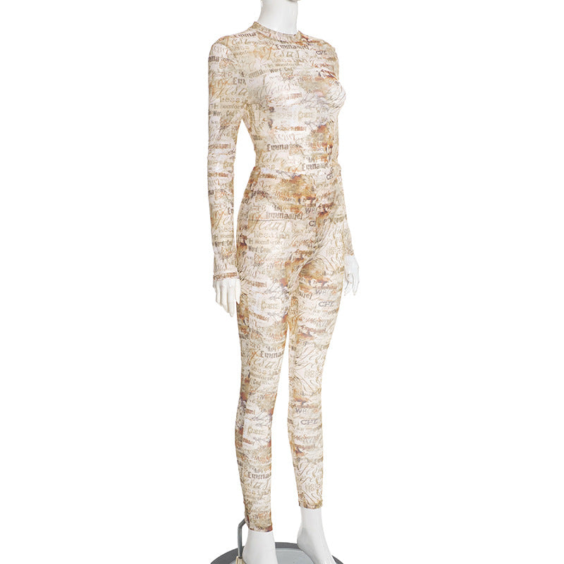 MB10124 Vintage Text Print Sheer Mesh Two Piece Set - Bodysuit & Skinny Pants