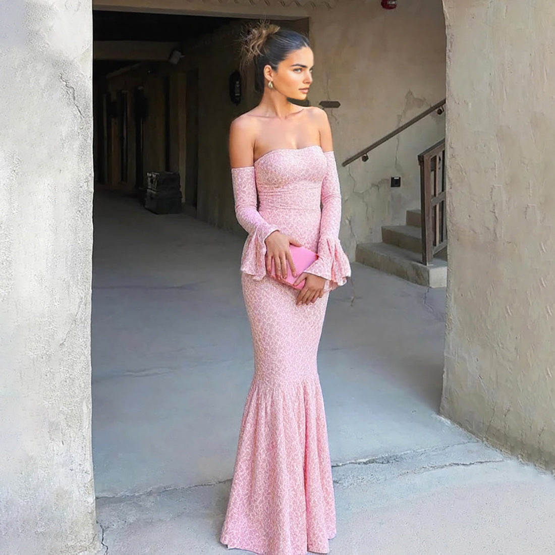 MB1135 Off-the-Shoulder Lace Mermaid Maxi Dress